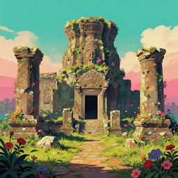 ancient ruins covered with flowers, epic retrowave art, trending on art station