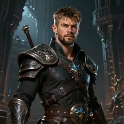 A fantasy comic book style portrait painting of Chris Hemsworth as a Warrior Sorcerer in dark castle setting, unreal 5, DAZ, hyperrealistic, octane render, RPG portrait, dynamic lighting