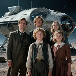 extremely sharply detailed, film from blockbuster 8 k sci fi color movie freeze frame, set 1 8 6 0, family standing in front of crashed spaceship, on alien planet, looking happy, wearing 1 8 5 0 s era clothes, atmospheric lighting, in focus, reflective eyes, 8 mm lens, live action, nice composition and photography, clear facial features