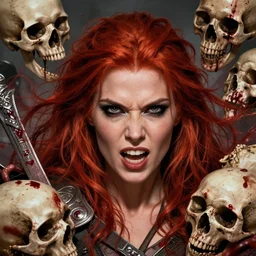 still from 3 0 0 of a head and shoulders action photo, human female barbarian, red hair, frenzy, blood and skulls, d & d, high fantasy, by phil noto, facial detail, extremely detailed, comic book cover photo