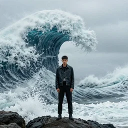 fashion editorial in front of a giant tsunami wave. wide angle shot. highly detailed.