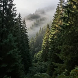 emerald urban canyon evergreen forest in fog