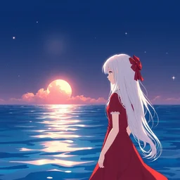 white - haired girl in red dress standing by the sea, anime
