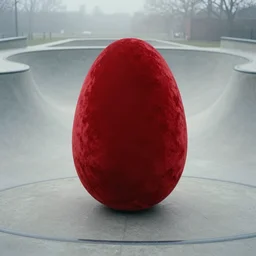 large red velvet sculpture like upscaled egg, curved, in the style of anish kapoor, stands in the middle of a curved concrete skate park, inside view skate park, on the low fog, film still from the movie directed by denis villeneuve with art direction by zdzisław beksinski close up,