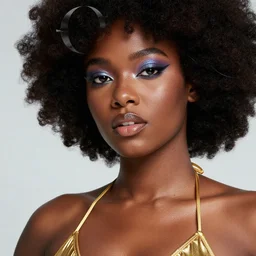 close up of head of a black woman with afro in a gold bikini, cyberpunk makeup, official vogue editorial, highly detailed
