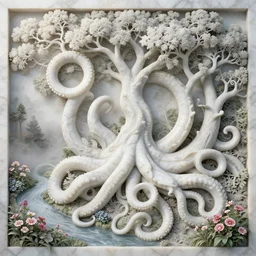 elegant marble carving of tentacles, ferdinand knab, breath - taking beautiful trees, streams, flowers, and mist, an aesthetically pleasing, dynamic, energetic, lively, complex, intricate, detailed, well - designed digital art of trees, streams, flowers, and mist, early morning, light and shadow