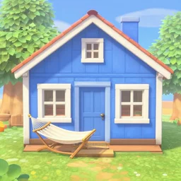 blue cottage exterior with a hammock, sunny, grandmacore, cottagecore, rustic, screenshot from animal crossing new horizons, cozy, trending on artstation