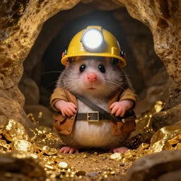 anthropomorphous mole wearing mining clothes and helmet light, in a cave full of gold
