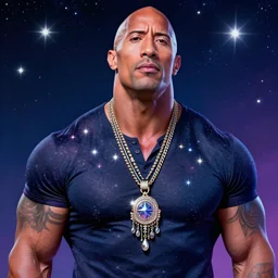 dwayne johnson, in the starry sky, boho channel accessories, star sparkles, sharp focus, d & d, epic retrowave art, masterpiece, trending on art station, fantasy, digital painting, highly detailed, 8 k realistic, dof, art by artgerm, greg rutkowski, sasoura, satchely, no distortion