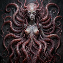 very sad medusa, crying, tubular creature, blood vesels, no face, dystopian surrealism, art style alex ries giger, zdzisław beksinski, symmetry accurate features, very intricate details, high resolution, 4 k, intricate, sharp