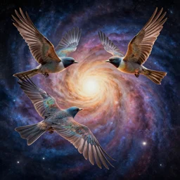 beguiling epic stunning beautiful insanely detailed matte painting of two birds flying through the galaxy by michal karcz, by cyril rolando and asher durand and natalie shau, whimsical, intricate