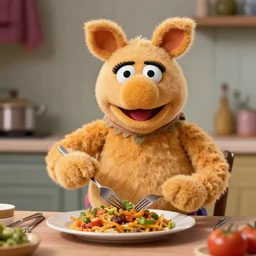 photoshoot of muppet miss piggy preparing a meal, 8 k, photorealistic