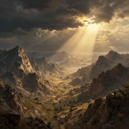 beautiful mountains on exoplanet, dark clouds with sun shining through, golden hour, dream - like mysterious atmosphere, in the wastelands, baroque landscape painting, perfect composition, beautiful detailed intricate insanely detailed octane render trending on artstation, 8 k artistic photography, photorealistic, soft natural volumetric cinematic perfect light, chiaroscuro, award - winning photograph, masterpiece, raphael, caravaggio, greg rutkowski, beeple, beksinski, raja ravi varma