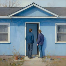 two people outside the door of a small suburban house, dusty blue. beautiful painting by artgerm and greg rutkowski