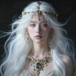 a beautiful white haired young woman, adorned with precious stones by jeremy mann and alphonse mucha, dramatic lighting, dreamy, volumetric lighting, ethereal, 4 k, high detail