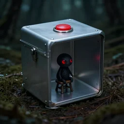 In a dark, dreary forest there is a small, silver-colored metal box with a red button on top. Inside of the box is a small, black creature with red eyes. The creature is sitting on a small stool in the center of the box. The creature is staring at the button, and its eyes are glowing red.