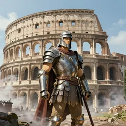 colosseum in rome, steampunk city in the background, armored gladiator in front of it, futuristic, matte painting, high detail, steam, dreamy, natural light, artstation, by hayao miyazaki