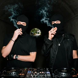 chavs smoking and drinking in a dark tunnel both are wearing balaclavas, drum & bass, smoking joints