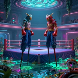 amazing detailed symmetry surreal rendering by wes anderson, octane render, volumetric lighting, depth of field, futurisitic boxing ring in a dying utopia, neon radioactive swamp, kobold on stilts with boxing gloves