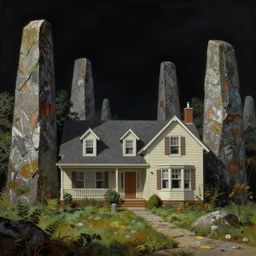 a scene of a suburban house surrounded by ancient monoliths. highly detailed science fiction painting by norman rockwell, frank frazetta, and syd mead. rich colors, high contrast, gloomy atmosphere, dark background. trending on artstation