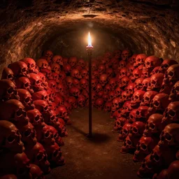 a torch lit cellar, full of piles of red skulls