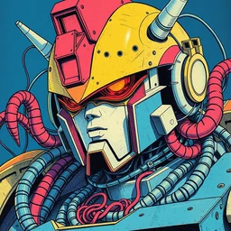 risograph grainy drawing vintage sci - fi, satoshi kon color palette, gigantic gundam full - body covered with robot parts and wires, with lot tentacles, codex seraphinianus painting by moebius and satoshi kon and dirk dzimirsky close - up portrait