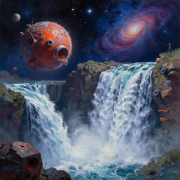 !! waterfall !! in asteroid field, space with stars and cosmos in background, stars and cosmos in sky, ultra detailed, high quality, very sharp, artstation award winner, ultra realistic, oil painting, digital painting, octane render, vibrant, ultra detailed water