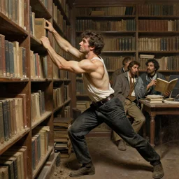 muscular librarian man pulling a book from a shelf, dusty library, matte painting by tom of finland, gaston bussiere, craig mullins, j. c. leyendecker, alphonse mucha