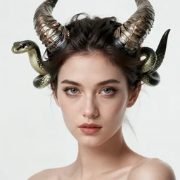 portrait of a woman with intense eyes, she has horns and snakes coming out of her head, filling the frame, photorealistic studio lighting backlight sunset