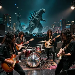 The wide shot of disco rock Asian band with long dark hair playing on guitars while Godzilla destructs the night city, Godzilla on the horizon line, by Lubezki and David Lynch, anamorphic 35 mm lens, cinematic, anamorphic lens flares 4k