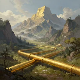 landscape, gold pipes, mountains. fantasy, digital painting, hd, detailed.