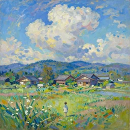 tiny character in front of a beautiful japanese country side landscape, ryokans in the background, blue sky, magnificient clouds, lofi vibe, vivide colors, amazing light, really beautiful nature, oil painting, impressionist style, by jeremy lipkin, by claude monet, by ghibli, kandinsky touches, multiple brush strokes, masterpiece