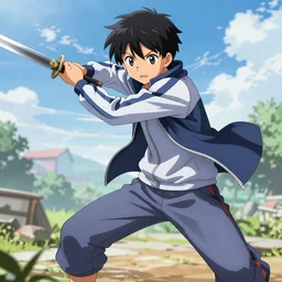 anime manga boy charging with a sword and tracksuit digital art trending on pixiv artstation