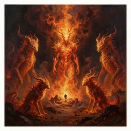 alchemized fiery emotion creatures, surreal dark uncanny painting by ronny khalil