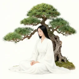 “a goddess sitting under a bonsai tree and magically controlling its growth”