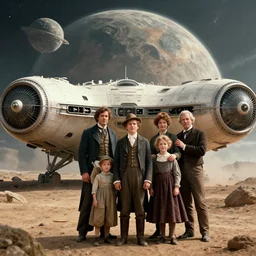highly detailed, 513435456k film, 4900mm film still from a sci fi blockbuster color movie made in 2019, set in 1860, of a family standing in front of a spaceship that has just landed on an alien planet, the family are all wearing 1860s era clothes, good lighting, good photography, ultra high definition