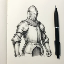 1 9 8 0 s black ink liner pen sketch of a knight, realistic style by gnomon and marvel, gnomon, boris vallejo, gnomon, high quality paper, gnomon