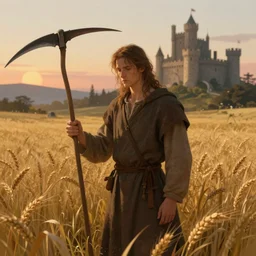 fantasy portrait illustration of a wistful stoic serf with a scythe standing in a field of tall golden wheat on beautiful summer evening near a medieval castle, trending on artstation, digital art ( by brad rigney ) ( by greg rutkowski ) ( by artur treffner )