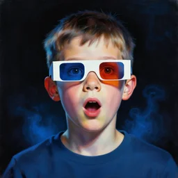 a portrait painting of boy wearing 3 d glasses with a surprised expression. stark colorful lighting. blue foggy atmosphere black background. highly science fiction painting by norman rockwell, moebius, frank frazetta, and syd mead. rich colors, high contrast. artstation