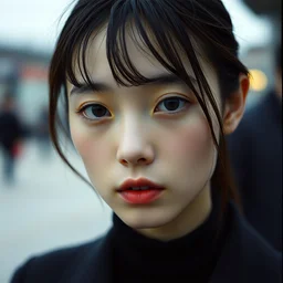 photograph of a young woman from seoul, 9 0 s goth, dof, sharp focus, highly detailed face, symmetric face, realistic iris, cinestill 8 0 0 t, photography by paolo roversi