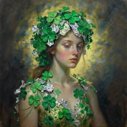 goddess made of trefoils, tinfoil and clovers. oil painting by award - winning concept artist. backlighting, chiaroscuro.