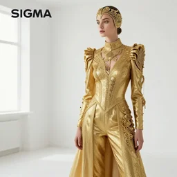High quality photo of a white room. Female dressed in a golden Avant grade outfit inspired by Ernst Haeckel. Sigma ART 50mm F2.8. hyper realistic vfx simulation. Fashion ad