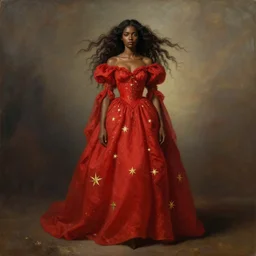 a brown skinned queen with long dark curly hair and a red dress, windy, golden details, stars, stoic, modern, shes alone, maximalist fashion dress, hyperdetailed, dramatic, epic painting, painted by jean honore fragonard and greg rutkowski, full body, octane render, sharpness, 8 k, golden ratio