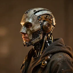 a rugged bitcoin engineer man with cybernetic enhancements, detailed mask, scifi character portrait by greg rutkowski, esuthio, craig mullins, 1 / 4 headshot, cinematic lighting, dystopian scifi gear, gloomy, profile picture, mechanical, half robot, implants, steampunk, warm colors