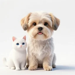 crisp quality and light reflections, photorealistic portrait, studio lighting, still photo of a cute dog and a white cat, bright studio setting, highly detailed, unreal engine 5 quality render