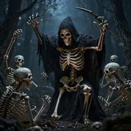 necromancer summoning skeletons in a dark ritual amongst trees at night, close up, Wadim Kashin, Simon Stalenhag,  XF IQ4, f/1.4, ISO 200, 1/160s, 8K, RAW, featured in artstation, octane render, cinematic, elegant, intricate, 8k