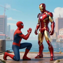 iron man proposing to spider-man on a dock, digital art, highly detailed