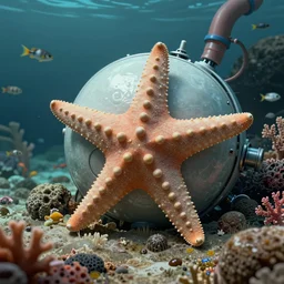 robotic starfish machine in the ocean, fish, coral, rocks, coloured pipes, smooth, round, detailed illustration, concept art, muted colour palette, highly detailed, high contrast, strong lighting