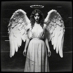 vhs static overlay of haunting angel apparition, vhs, 1 9 9 0, highly realistic, highly detailed, vhs noise static, black and white, vhs glitch
