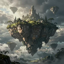 floating islands in sky, concept art, low angle, cinematic, style of ralph mcquarrie